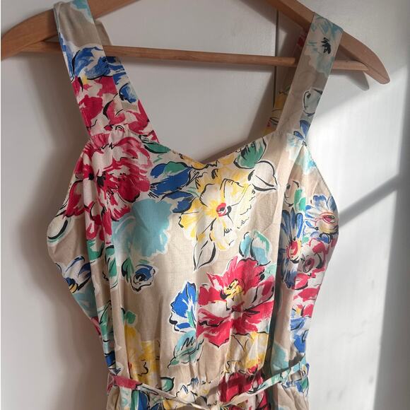 Vintage 80s Floral Print Sundress Size Small Made USA KNee length Tan Red - Picture 4 of 6